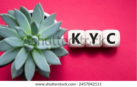 KYC - Know Your Customer. Wooden cubes with word KYC. Beautiful red background with succulent plant. Business and Know Your Customer concept. Copy space.