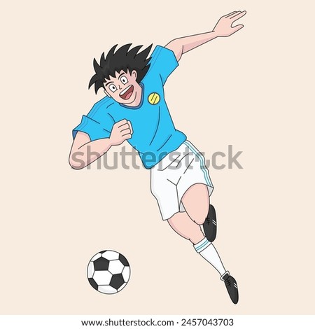 This boy is close to score a super goal! Passionate and happy soccer - football player running fast with a ball on his feet. Classic colorful manga style, hand drawn, vector design illustration.