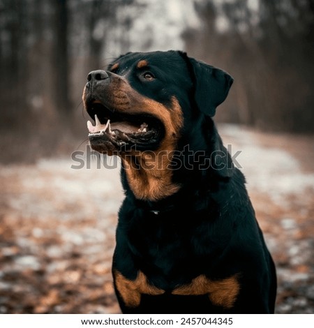 A majestic Rottweiler, captured in a stunning 4k resolution image, lets out a powerful bark amidst a breathtaking winter scene.  Details like frosty breath, snow-covered fur, and a focused expression.