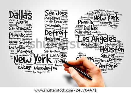 US cities names words cloud, business concept