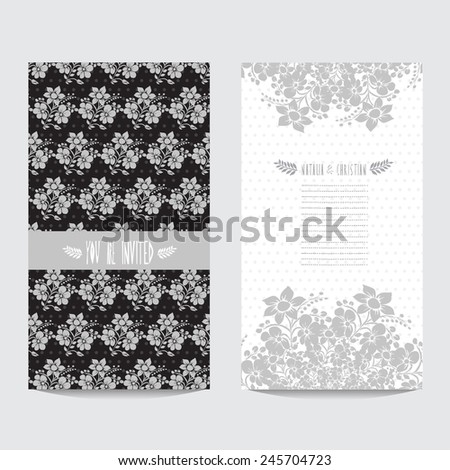 Elegant card in black silver colors with decorative flowers, design element. Can be used for wedding, baby shower, mothers day, valentines day, birthday cards, invitations. Vintage decorative flowers
