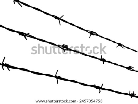 Three strands of barbed wire on the impassable border in dark dramatic tones of the protected area on white background Royalty-Free Stock Photo #2457054753