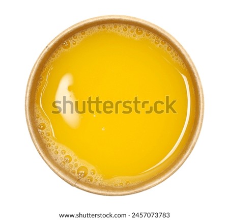 Orange juice in paper cup isolated on white background, eco friend, top view