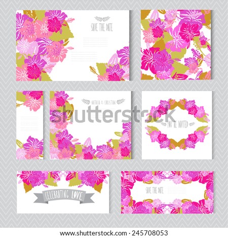 Elegant cards with floral hibiscus bouquets, design elements. Can be used for wedding, baby shower, mothers day, valentines day, birthday cards, invitations. Vintage decorative flowers.