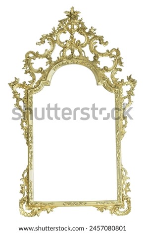 Old ornate gold picture frame isolated on white background. Aged golden items concept. Beautiful piece of luxury past. 