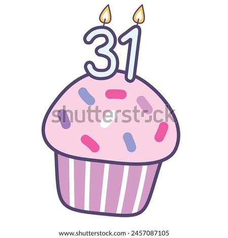 cupcake with number 31 burning candles , colorful design elements best for happy birthday and happy anniversary celebration