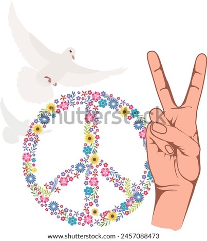 An emblematic white dove perched on a hand forming a victory sign, symbolizing peace and love universally Royalty-Free Stock Photo #2457088473