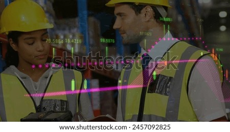 Image of financial graphs over diverse female and male warehouse workers. business, finance and delivery services concept digitally generated image.