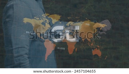 Image of 6g and world map over hands of caucasian businessman checking smartwatch. Business, communication and technology concept digitally generated image.