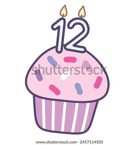 cupcake with burning candles number 12, colorful design elements best for happy birthday and happy anniversary celebration