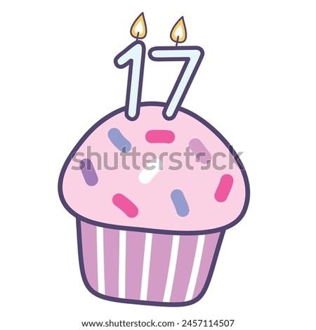 cupcake with burning candles number 17, colorful design elements best for happy birthday and happy anniversary celebration