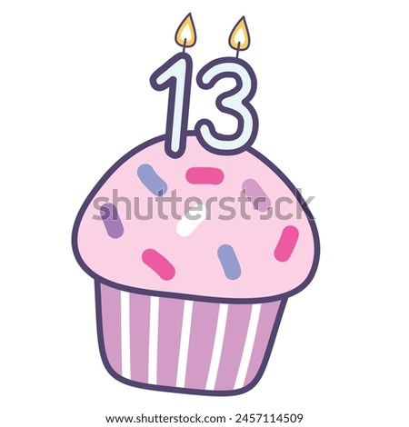 cupcake with burning candles number 13 , colorful design elements best for happy birthday and happy anniversary celebration