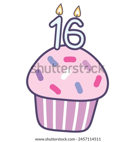 cupcake with burning candles number 16, colorful design elements best for happy birthday and happy anniversary celebration