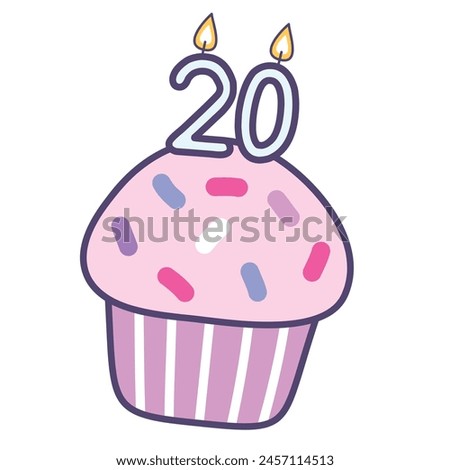 cupcake with burning candles number 20 , colorful design elements best for happy birthday and happy anniversary celebration