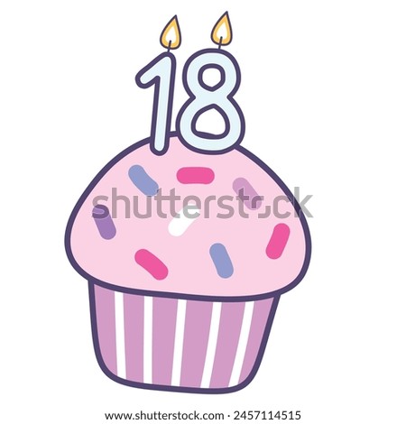 cupcake with burning candles number 18, colorful design elements best for happy birthday and happy anniversary celebration