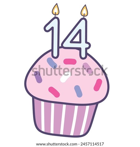 cupcake with burning candles number 14 , colorful design elements best for happy birthday and happy anniversary celebration