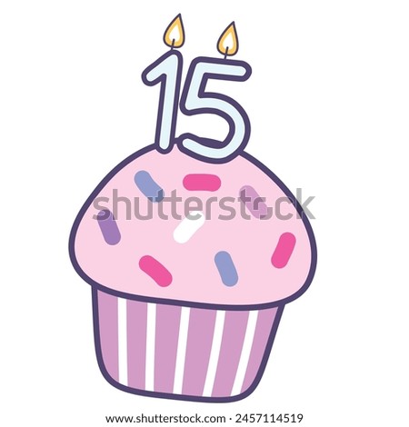 cupcake with burning candles number 15 , colorful design elements best for happy birthday and happy anniversary celebration