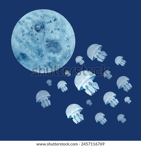 Blue moon jellyfish watercolor hand-drawn composition isolated on blue . Clip art. High quality monochromatic illustration for notebooks, posters, tote bags, cards, eco, tourism, room decor, design.