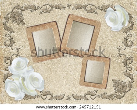 Vintage photo frame with white roses and luxurious ornament 