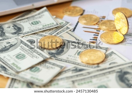 Golden bitcoin with dollar background. conceptual image for  currency.
