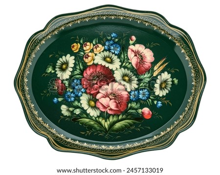 Empty Old Slavic folk handpainted metal tray with floral color pattern on white. Serving Plate with decorative border. Painted dish. Use for interior design. Top view. Royalty-Free Stock Photo #2457133019