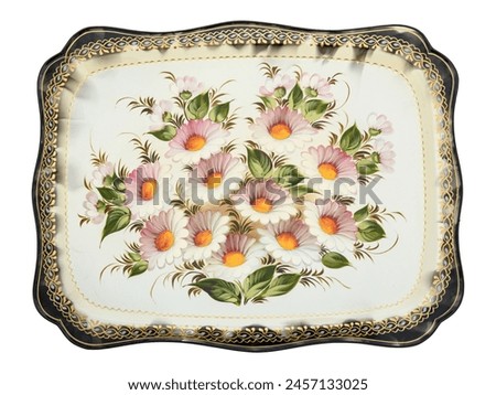 Empty Old Slavic folk handpainted metal tray with floral color pattern on white. Serving Plate with decorative border. Painted dish. Use for interior design. Top view. Royalty-Free Stock Photo #2457133025