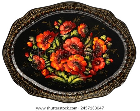 Empty Old Slavic folk handpainted metal tray with floral color pattern on white. Serving Plate with decorative border. Painted dish. Use for interior design. Top view. Royalty-Free Stock Photo #2457133047