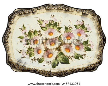 Empty Old Slavic folk handpainted metal tray with floral color pattern on white. Serving Plate with decorative border. Painted dish. Use for interior design. Top view. Royalty-Free Stock Photo #2457133051