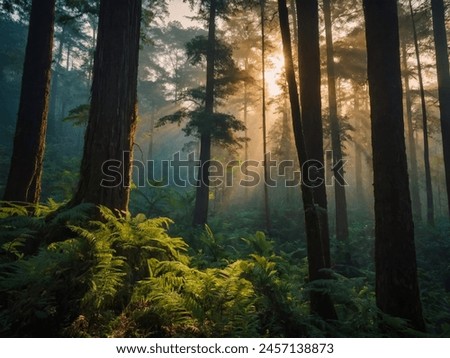 Picturesque sunrise sunbeams breaking through treetops and dense foliage on a forest road nearest Fonsagrada in Spain .