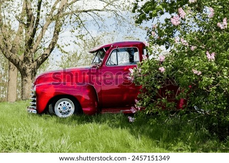 A vintage red pickup truck parked under blooming trees on a lush green grassy field during springtime.