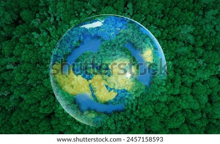 Aerial view of dark green forest and river. The rich natural ecosystem of the rainforest Concept of earth conservation and recycling