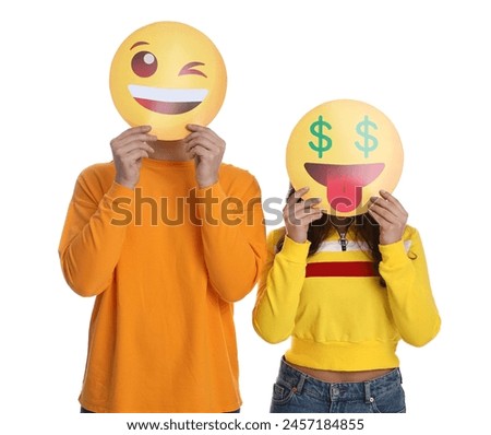 People covering faces with emoticons on white background