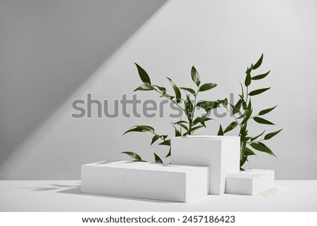 A collection of white geometric display platforms of varying heights is arranged against a soft shadow on a light background, with sprouting green plants accentuating the modern design.