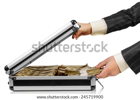 Human hand with Money in case isolated on white background