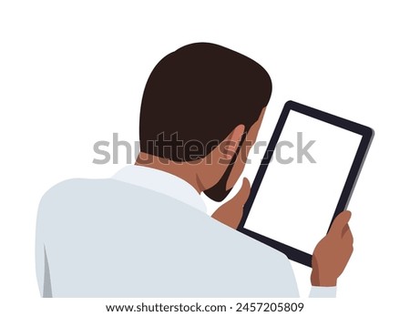 Young black business man with blank tablet in the hand back view. Flat vector illustration isolated on white background