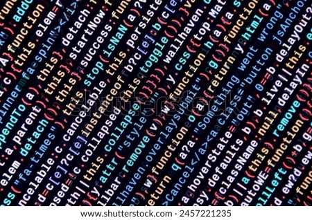 Javascript functions, variables, objects. Monitor closeup of function source code. IT specialist workplace. Big data and Internet of things trend. HTML website structure. Website programming code