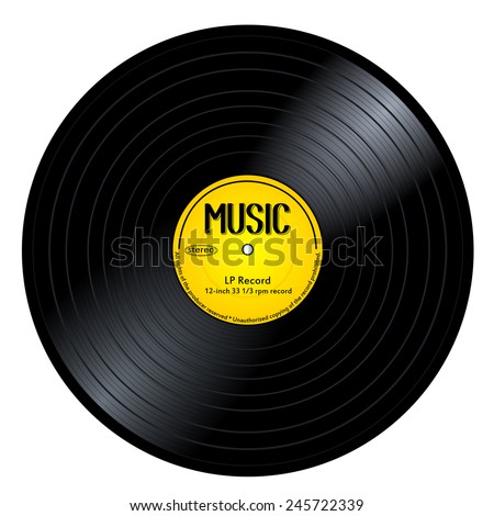 New gramophone vinyl LP record with yellow label. Black musical long play album disc 33 rpm. old technology, realistic retro design, vector art image illustration, isolated on white background eps10 