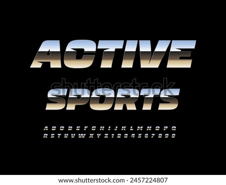 Vector silver Emblem Active Sports. Exclusive Steel Font. Reflective Metallic Alphabet Letters and Numbers set.