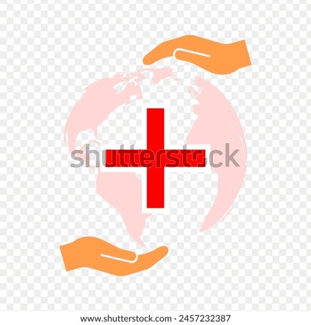 Vector illustration of Red Plus sign and world map with hands on transparent background