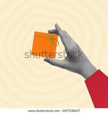 Contemporary art collage of hand with gift box. Concept of holiday shopping. Greeting and celebration.  Copy space for ad.