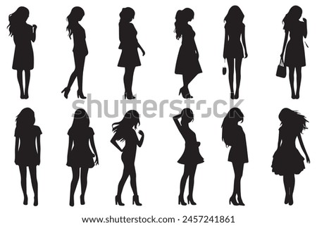 Set of silhouette. Black people on white background. Profile walking girls. Vector illustration