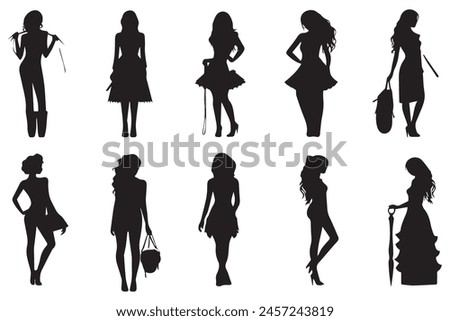 vector black silhouettes of women on white background, girls silhouette