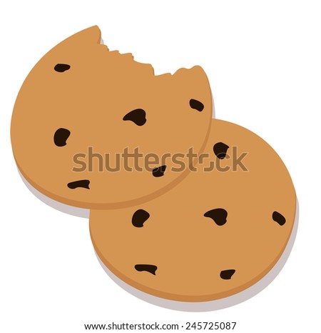 Two cookies with chocolate chips, one bitten, vector illustration