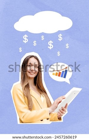 Collage of a businesswoman holding a tablet with a graph icon in a dialogue bubble and a rain cloud with dollars