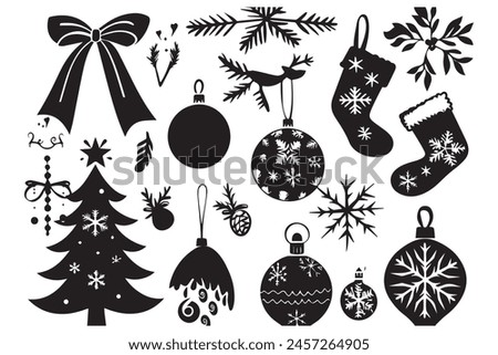 set of christmas element black silhouette vector