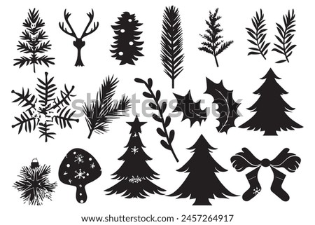set of christmas element black silhouette vector