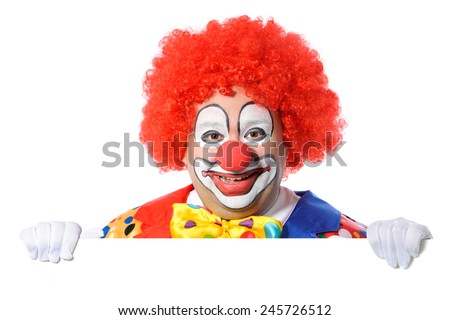 Clown with blank board isolated on white Royalty-Free Stock Photo #245726512