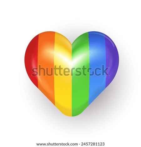 Three dimensional rainbow Heart: Symbol of Love, Acceptance, and Diversity for Pride Month Events. 3d glossy colorful heart shape with LGBT flag pattern. Heart icon, label, sticker, badge clip art