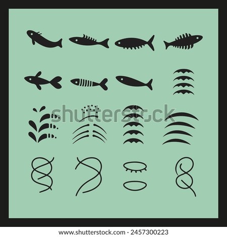 fish bone line icon silhouette set