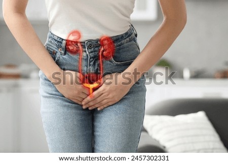 Woman suffering from cystitis at home, closeup. Illustration of urinary system Royalty-Free Stock Photo #2457302331